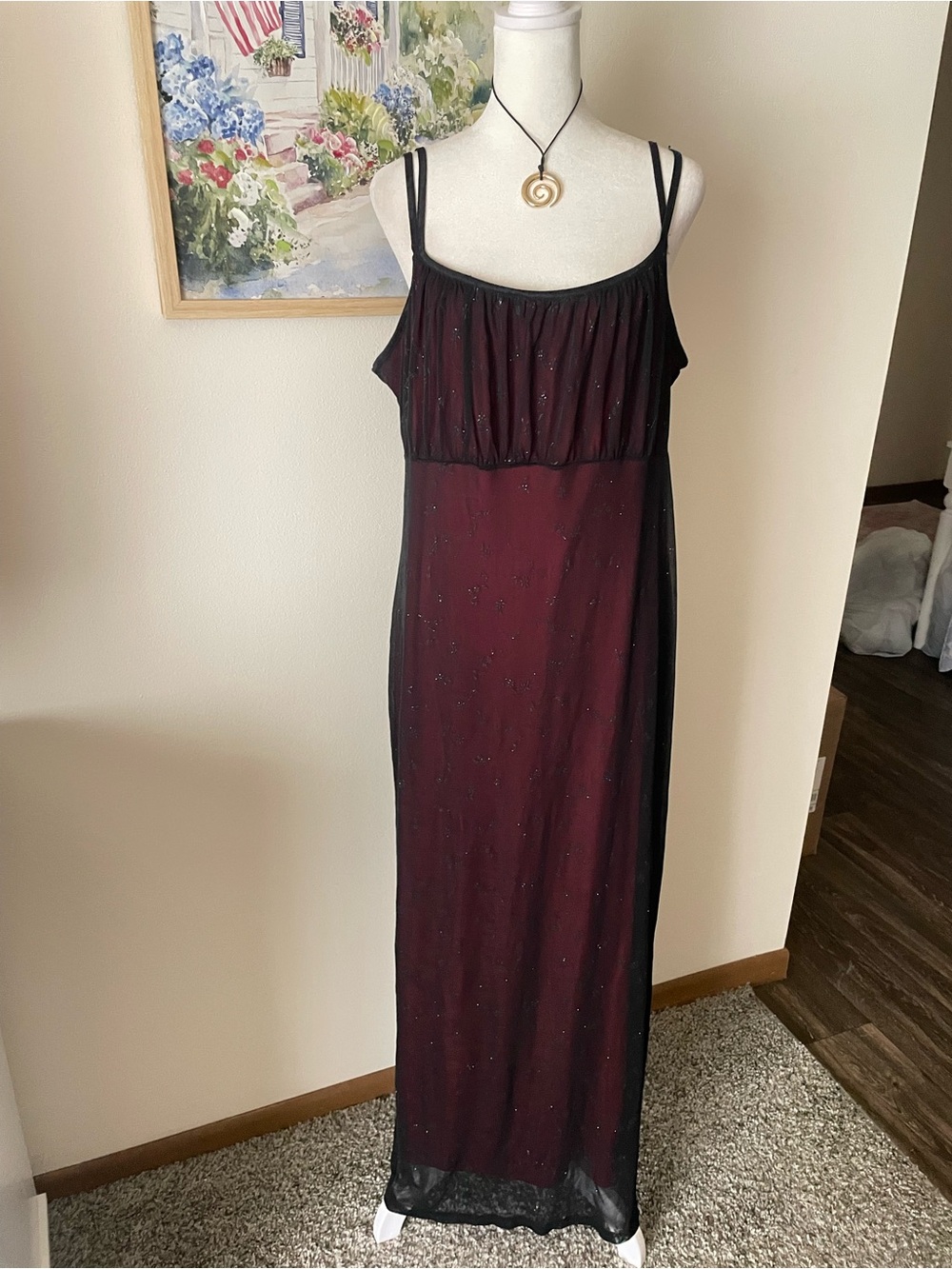 Candy Rocket 90s Y2K Vintage Mesh Overlay Glitter Maxi Dress XL Red Black